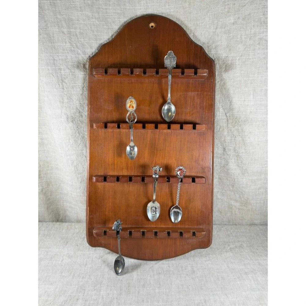Vintage Wood Souvenir Spoon Display Rack, 24 Slot Wall Organizer